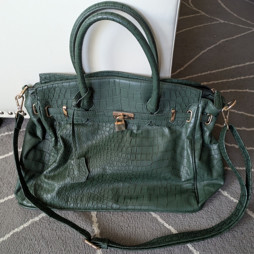 Green Croc Embossed Large Satchel Crossbody